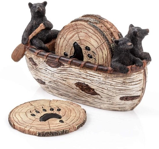 Set di 6 sostegni rustici in canoa artigianale con simpatici orsi neri.