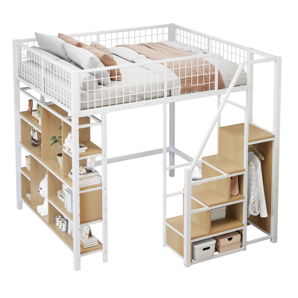 Letto a soppalco 140 × 200 cm con scala contenitore e vano aperto in metallo e legno bianco