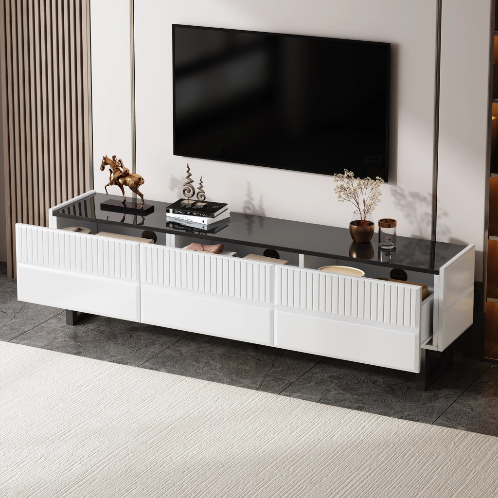 Mobile TV con cassetti; gambe in ferro e piano lucido in MDF e pannello truciolare nero e bianco 170 × 35 × 47 cm