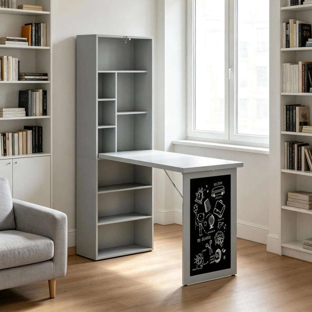Scrivania pieghevole ULEVR 98x51x153 cm con 9 vani, ripiano regolabile e lavagna, nero e grigio scuro