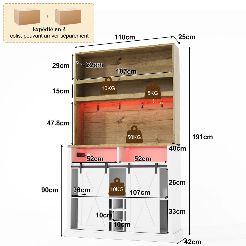 Mobiletto alto da cucina YEAVIO con illuminazione LED RGB, prese integrate, appendini, porta vini e vetrina, 191 cm, MDF