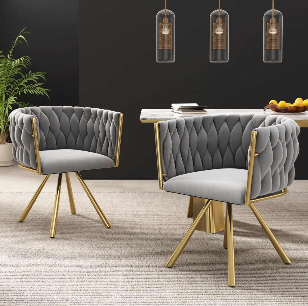 Set di 2 sedie da pranzo girevoli in velluto grigio e oro