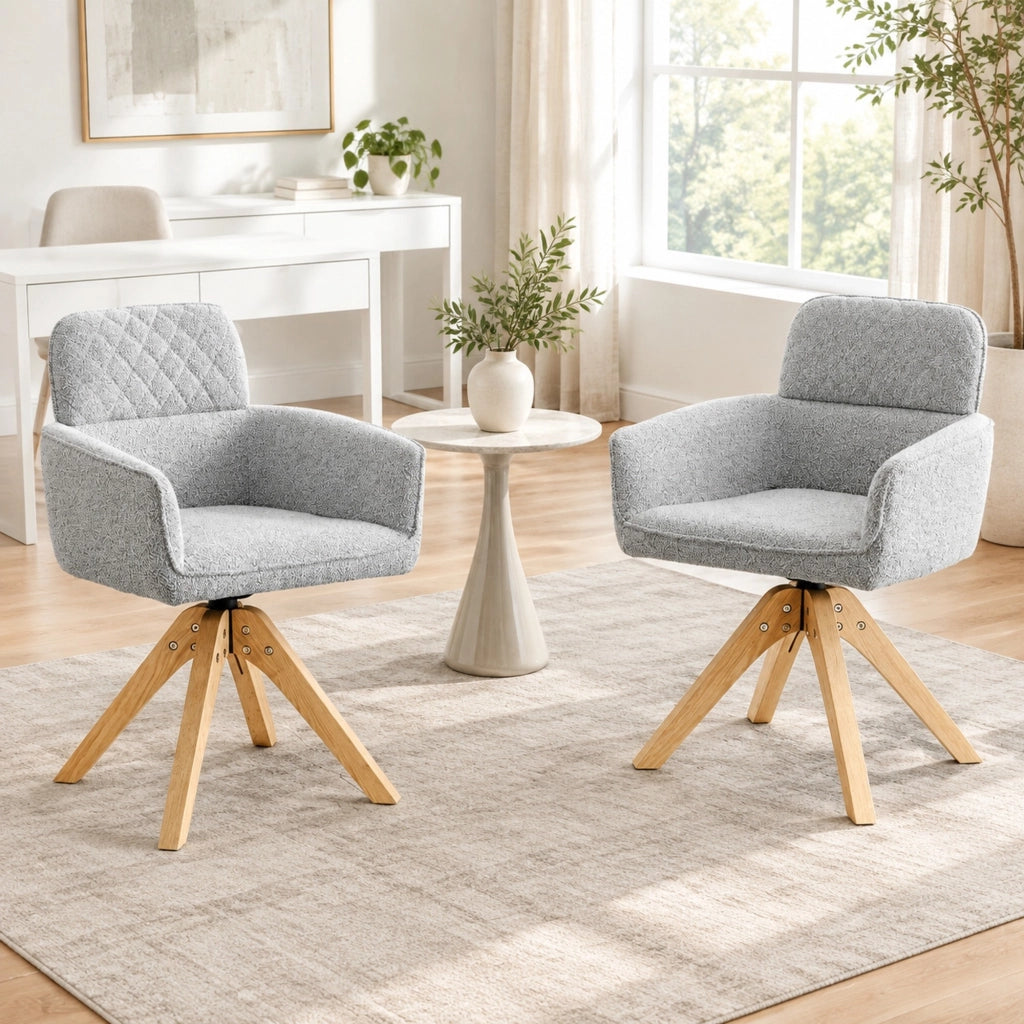 Set 2 sedie da pranzo girevoli 360° in tessuto grigio chiaro e legno massello HAVRYA