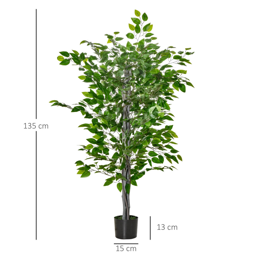 Ficus artificiale ULEVR 135 cm in vaso nero, pianta decorativa verde in plastica con base in cemento