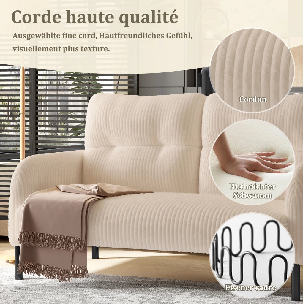 Divano 2 posti 120x75x79 cm in velluto a coste beige con tasca laterale