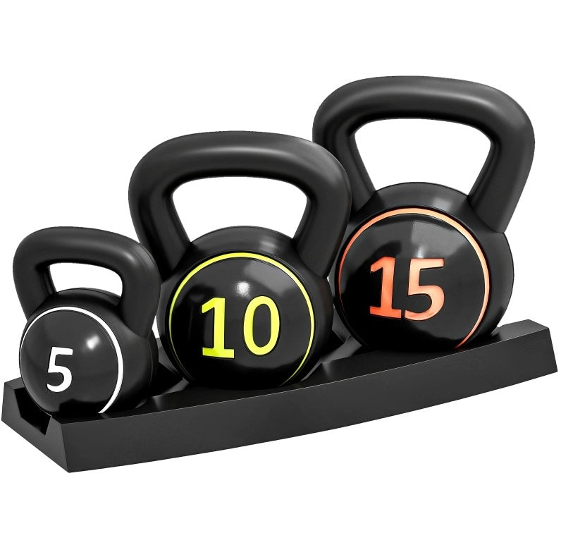 Set 3 kettlebell ULEVR da 2,2 kg, 4,5 kg e 6,8 kg con rivestimento in plastica nero e base piatta