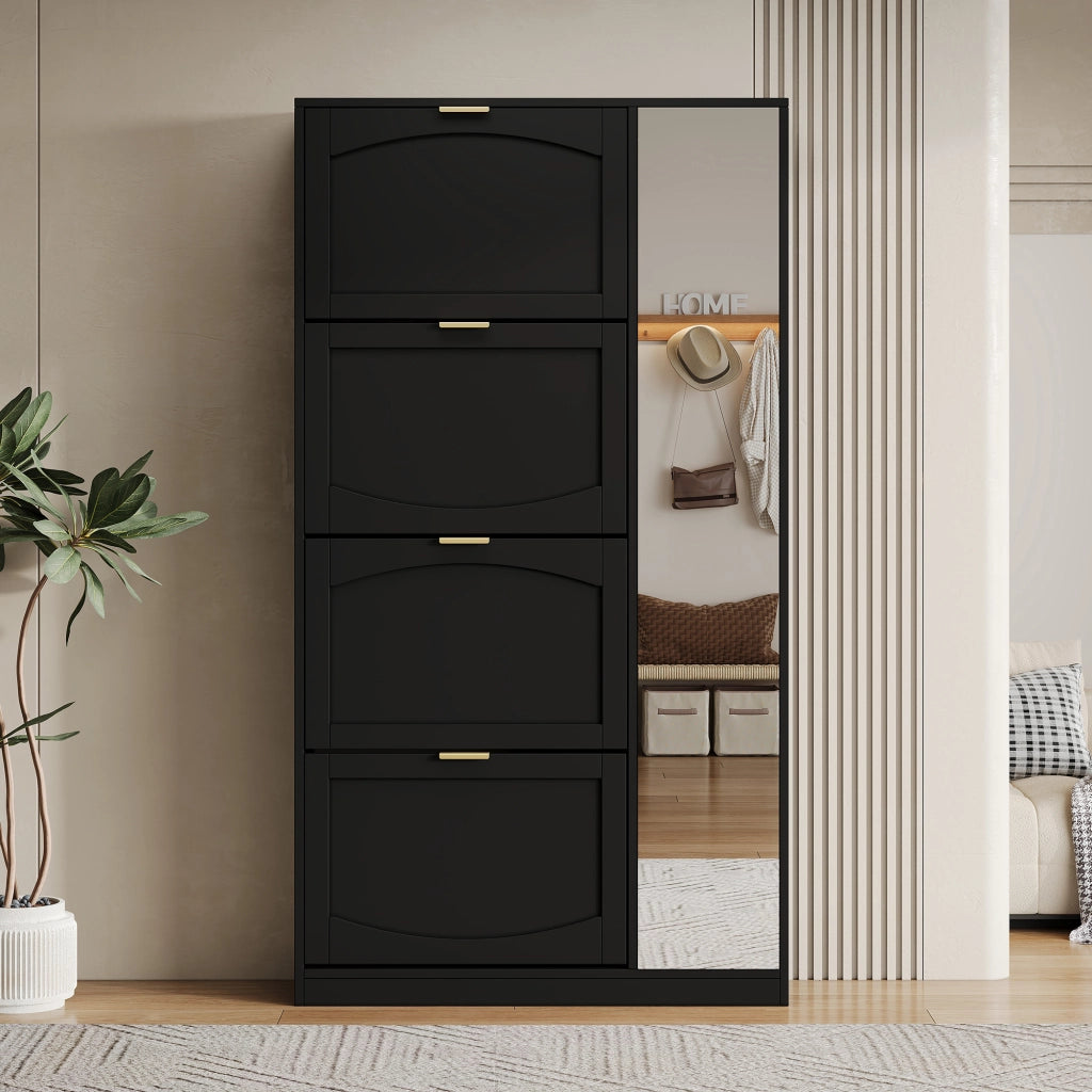 Scarpiera con specchio, 4 vani estraibili e ripiani regolabili, per ingresso, in truciolare nero, 80 × 24 × 147 cm
