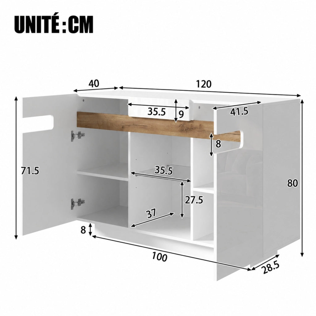 Credenza ULEVR 120x40x80 cm con LED regolabile via app, ripiani in vetro e vani aperti, bianco effetto legno naturale