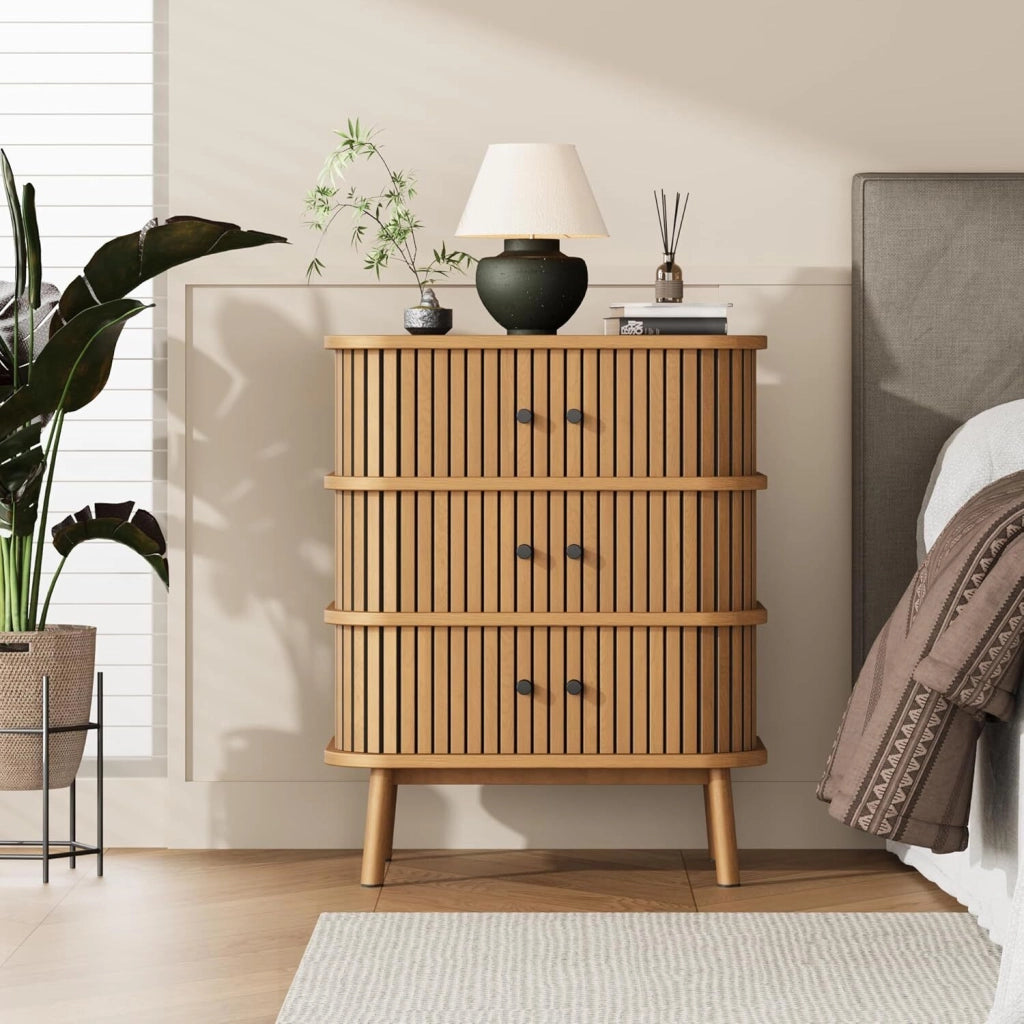 Comodino in Legno Naturale con 3 Ante Scorrevoli Mobiletto Stile Scandinavo Boho 50x40x65cm