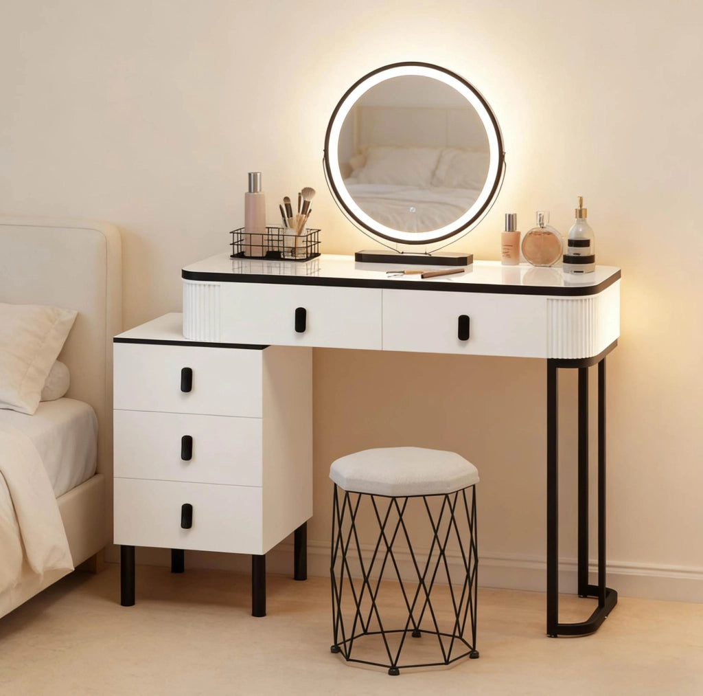 Toeletta ULEVR 125x40x100 cm con specchio LED dimmerabile, 5 cassetti e sgabello in velluto, bianco e nero