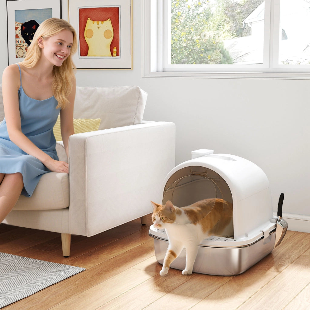 Mobiletto per lettiera gatto chiuso in acciaio inox ¨C Minimal ¨C bianco 52.4x41.3x39.9 cm