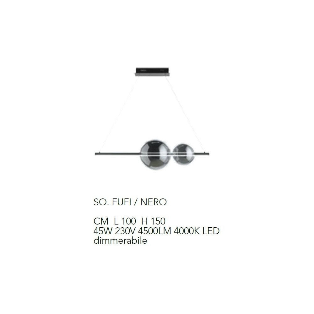 Lampadario a sospensione a Led in metallo e vetro soffiato Fufi di Ondaluce 45w Dimmerabile 4000k Nero