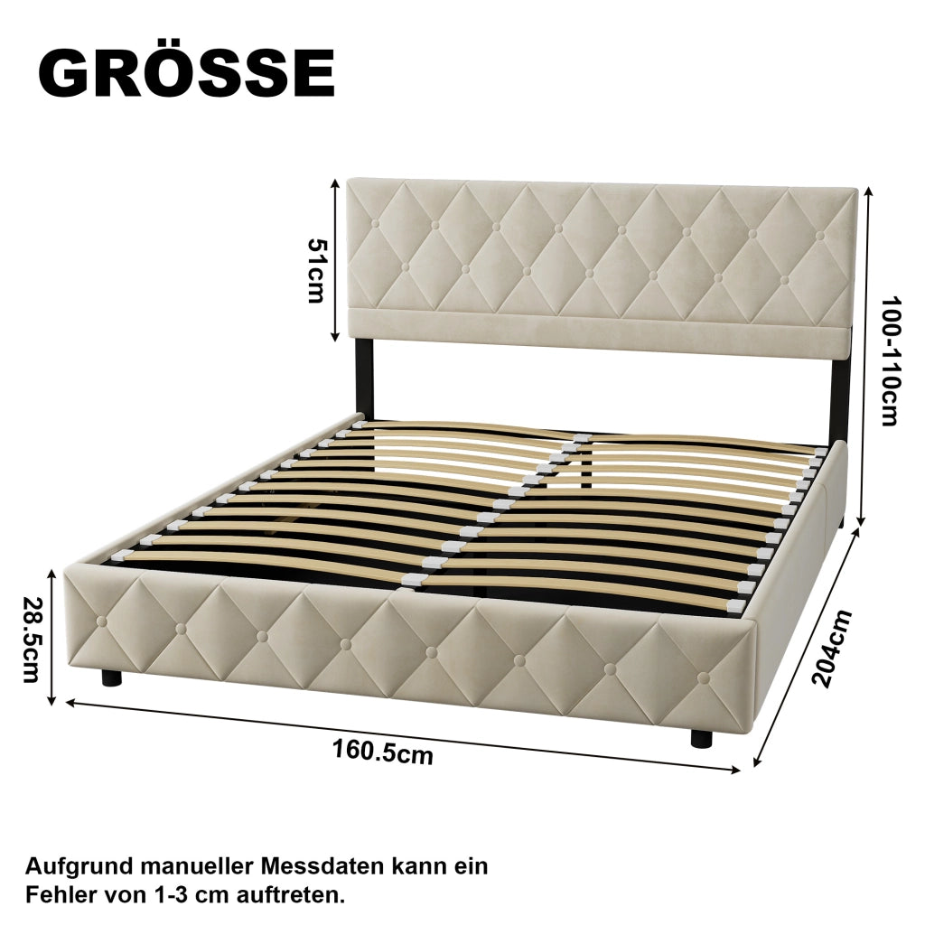 Letto matrimoniale imbottito in velluto beige 160 × 200 cm