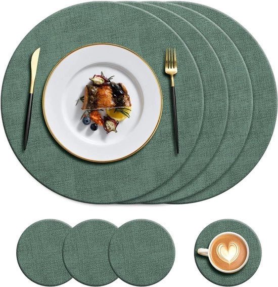 Set di piatti e tappeti di pelle lavabili a forma rotonda - Resistente al calore - Non scivola - Impermeabile - Facile da pulire - Ideali per ristoranti, cucine, alberghi - Verde