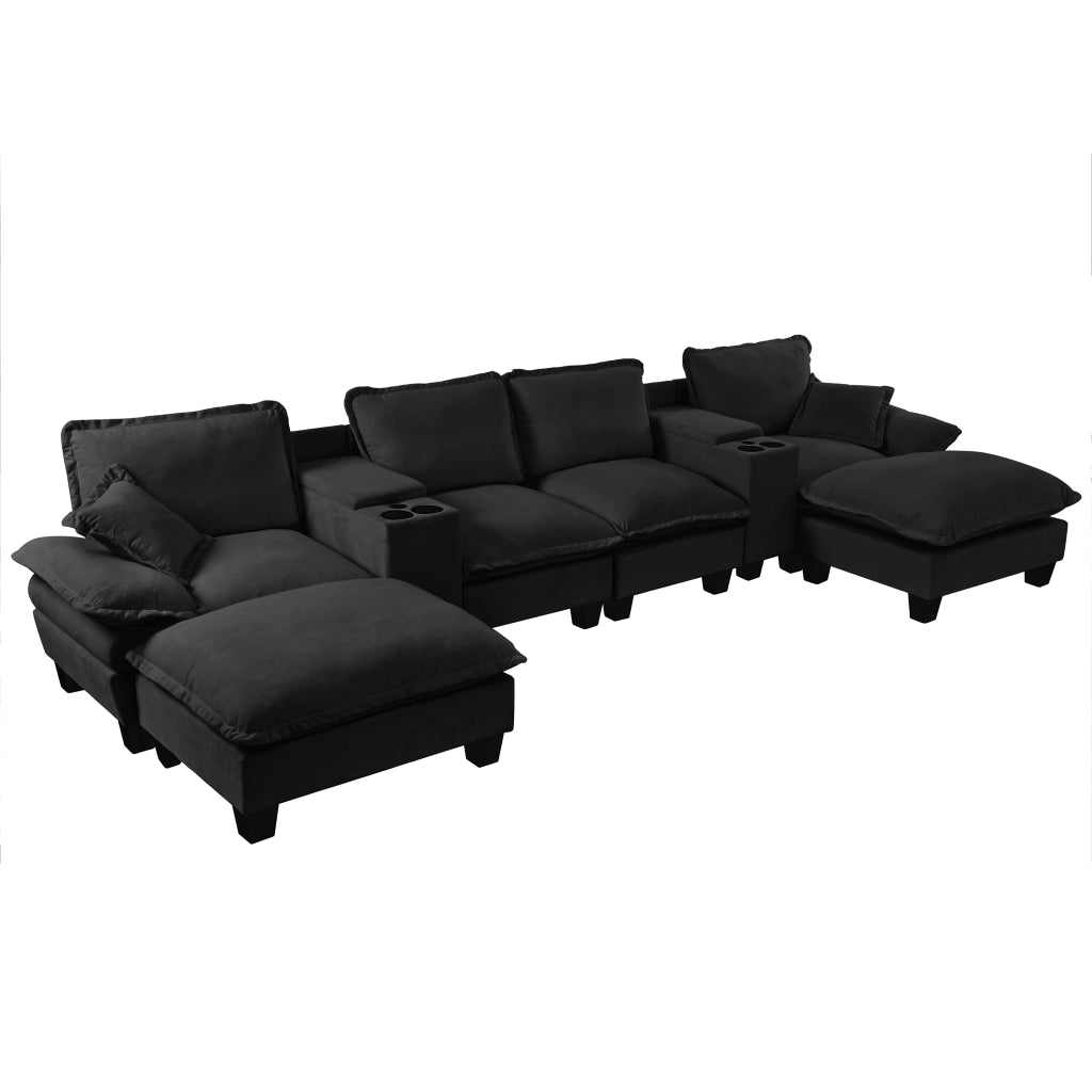 Divano Modulare U-Shape con Ottomane, Contenitore e Portabicchieri ¨C MINIMAL ¨C Chenille, Nero