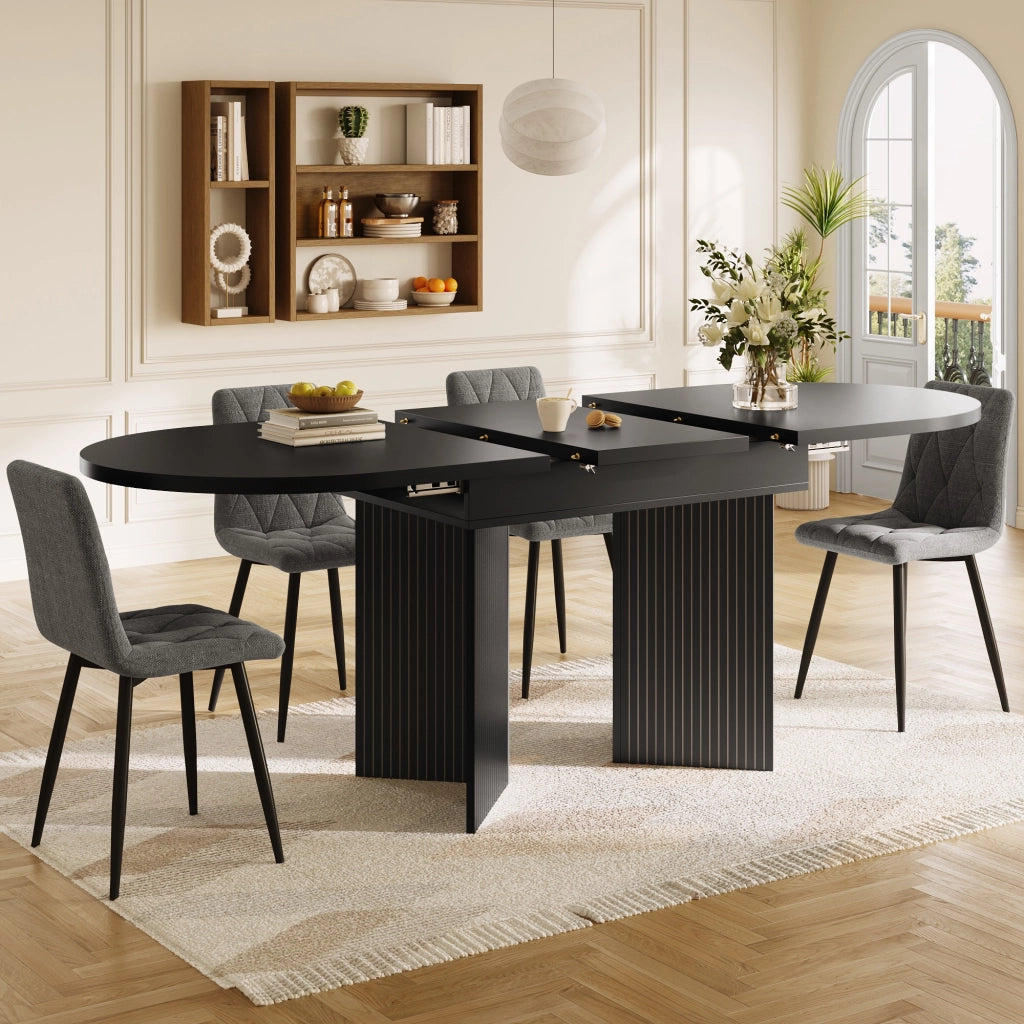 Tavolo allungabile con piano telescopico e gambe scanalate, per cucina e soggiorno, in MDF nero, 120-160 × 80 × 75 cm