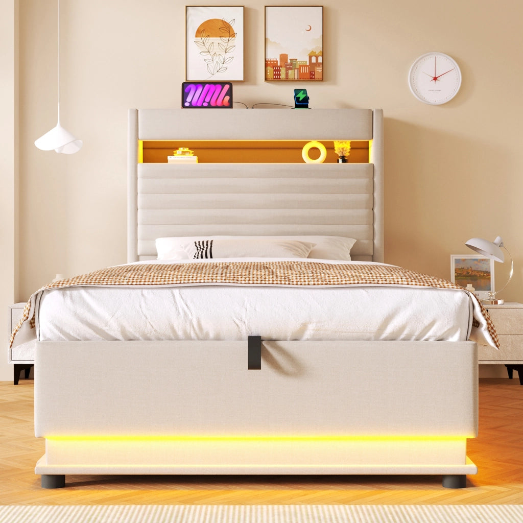 Letto imbottito 90x200 cm con vano contenitore idraulico, LED, USB e USB-C in lino beige