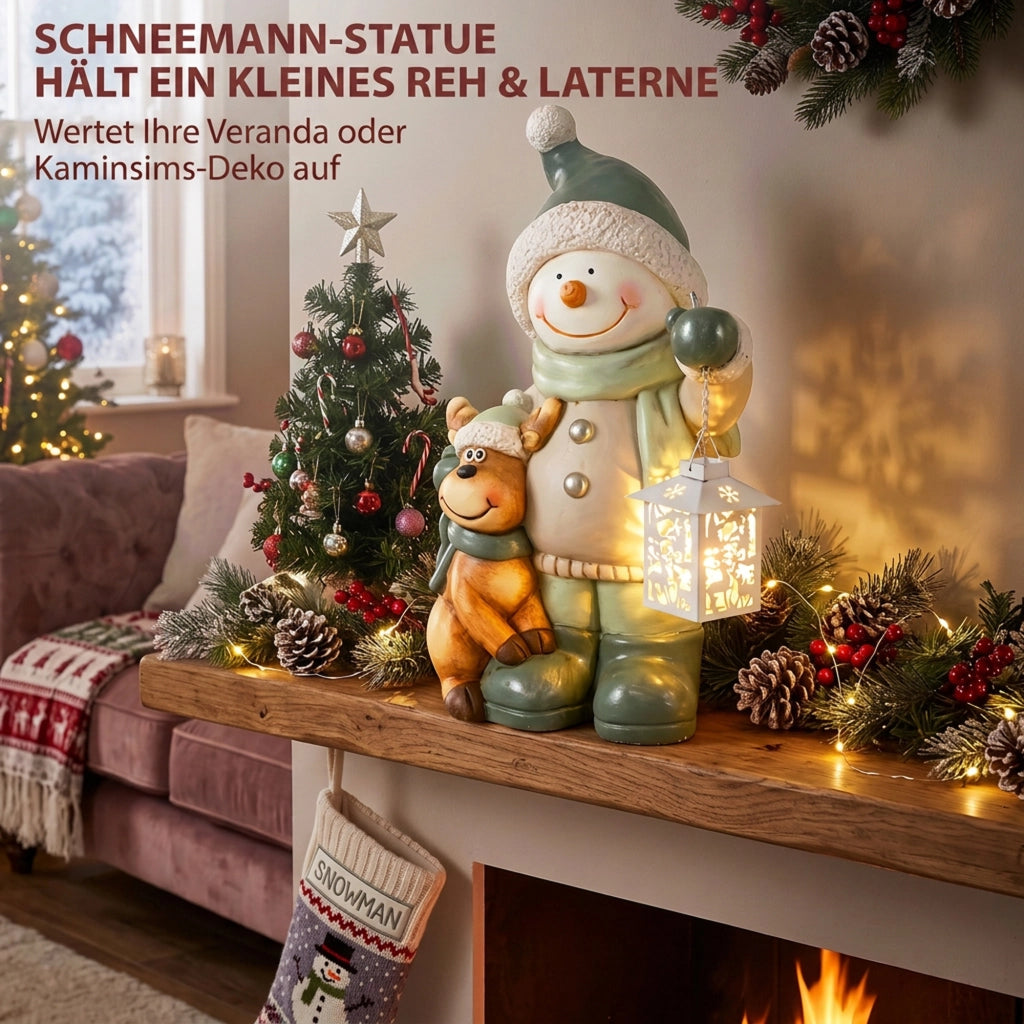 Statua Pupazzo di Neve 43 cm in MGO con Lanterna LED 2800K e Timer per Ingresso e Veranda