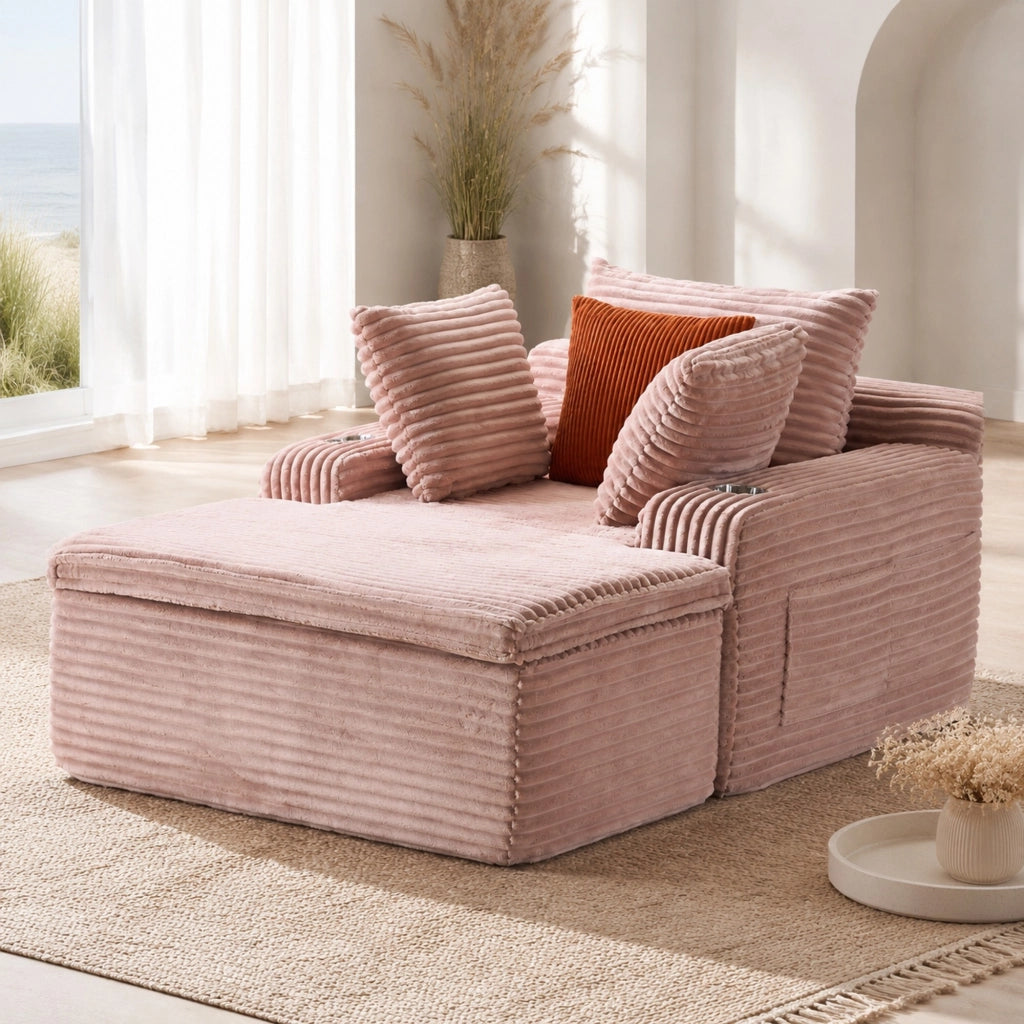 Divano con chaise longue senza struttura, con portabicchieri e cuscini in velluto a coste rosa 165×112×63 cm