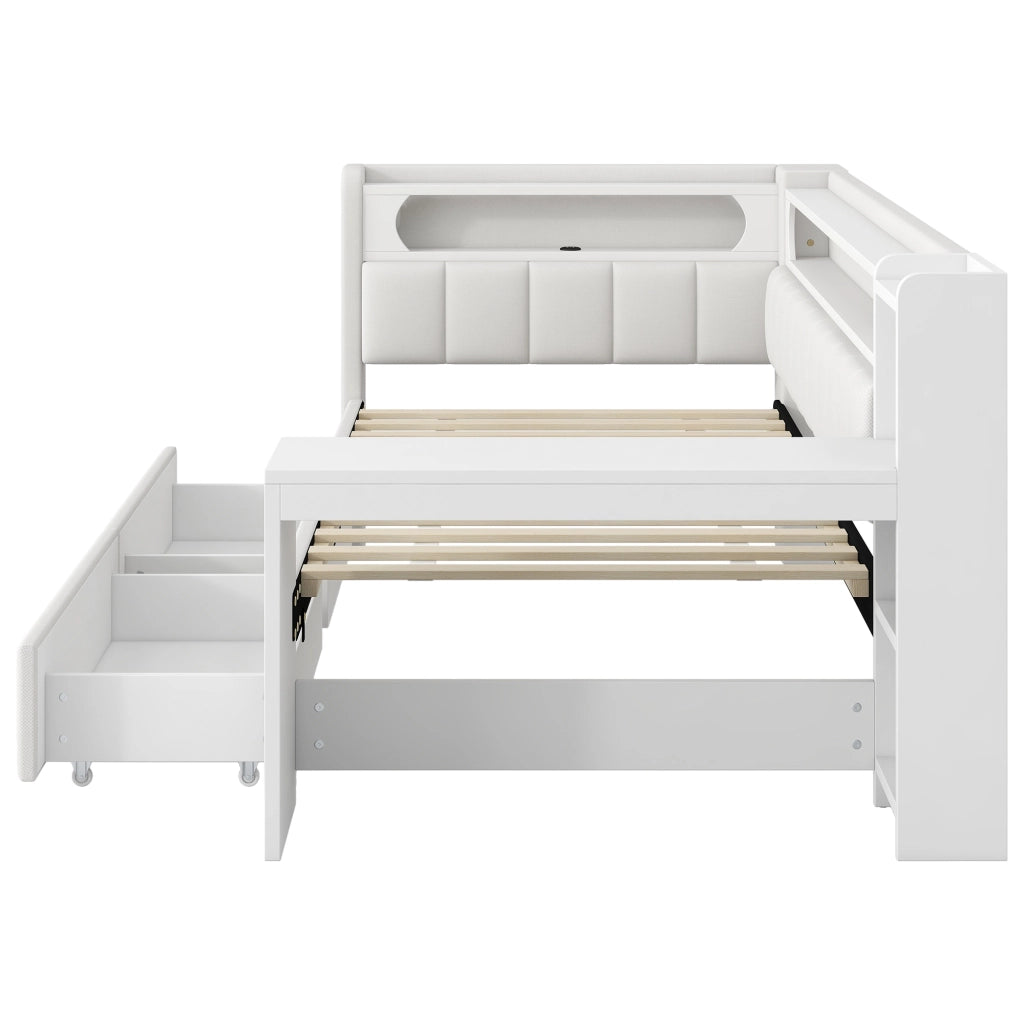 Letto singolo imbottito 90 × 200 cm con scrivania, 2 cassetti, porta USB e LED a 7 colori, senza materasso, bianco