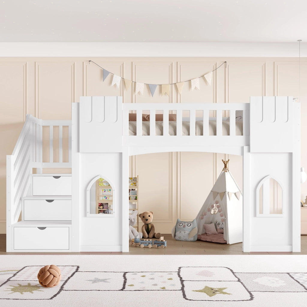 Letto a soppalco 90 x 200 cm con scala contenitore e 2 finestre, letto per bambini in legno bianco con sponde di sicurezza, area gioco e rete a doghe