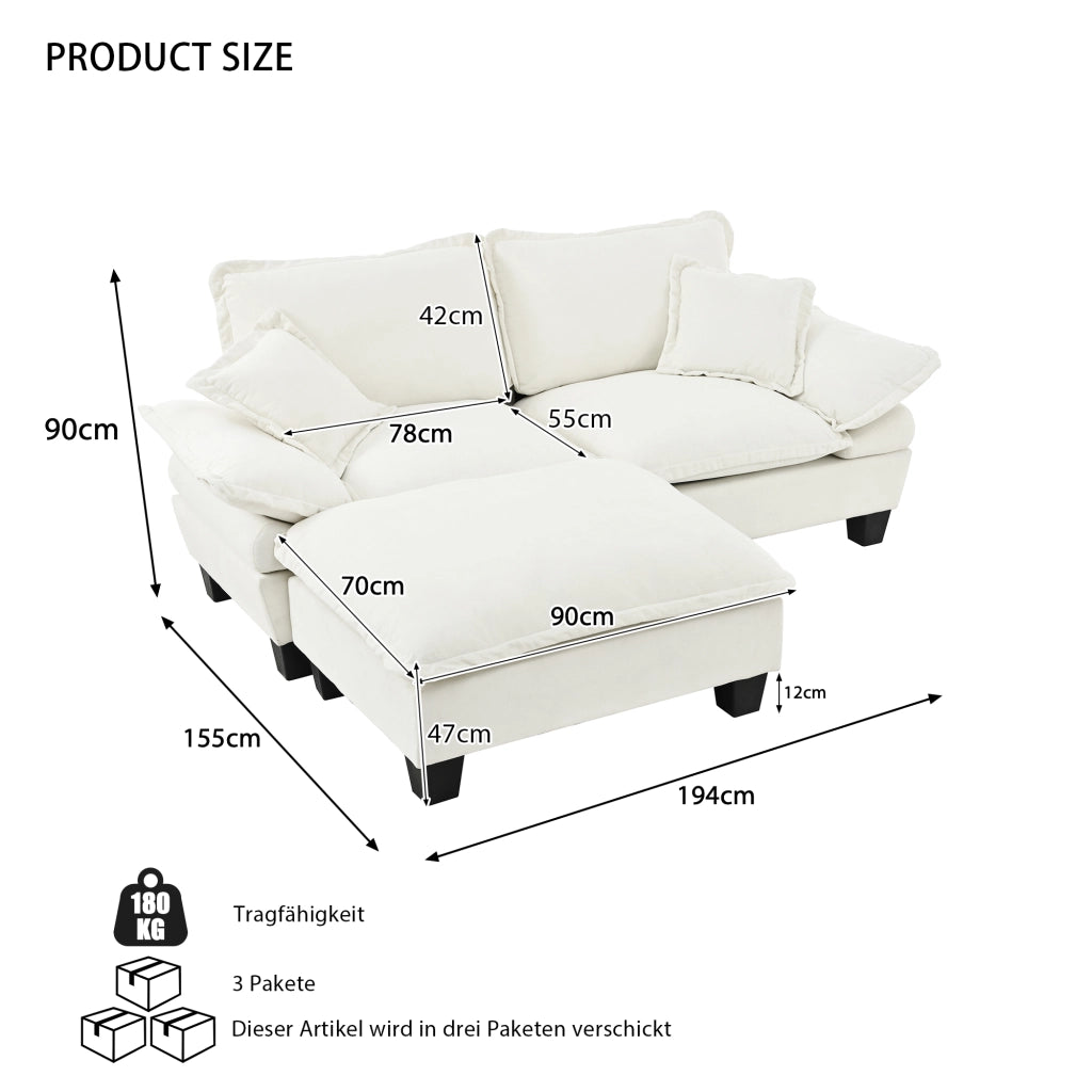 Divano angolare modulare nuvola 3 posti 194x151x90 cm con pouf mobile; ciniglia beige