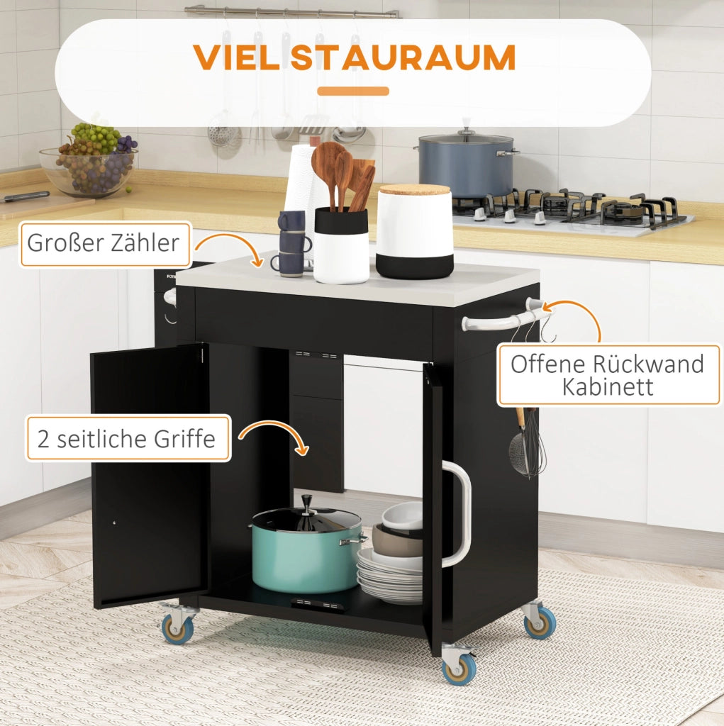 Carrello da cucina nero con ruote, armadietto, 6 ganci e piano in acciaio inox 86x50x86,5 cm