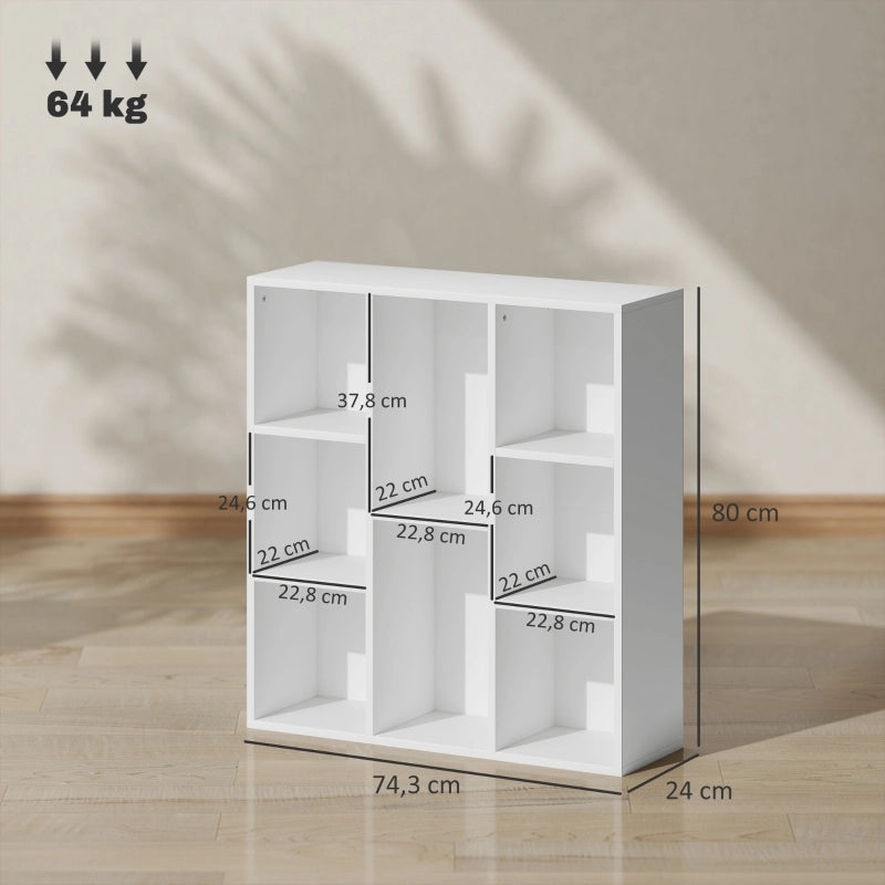Libreria a 3 livelli con 8 scomparti aperti in legno bianco per soggiorno, camera e ufficio 74,3 × 24 × 80 cm