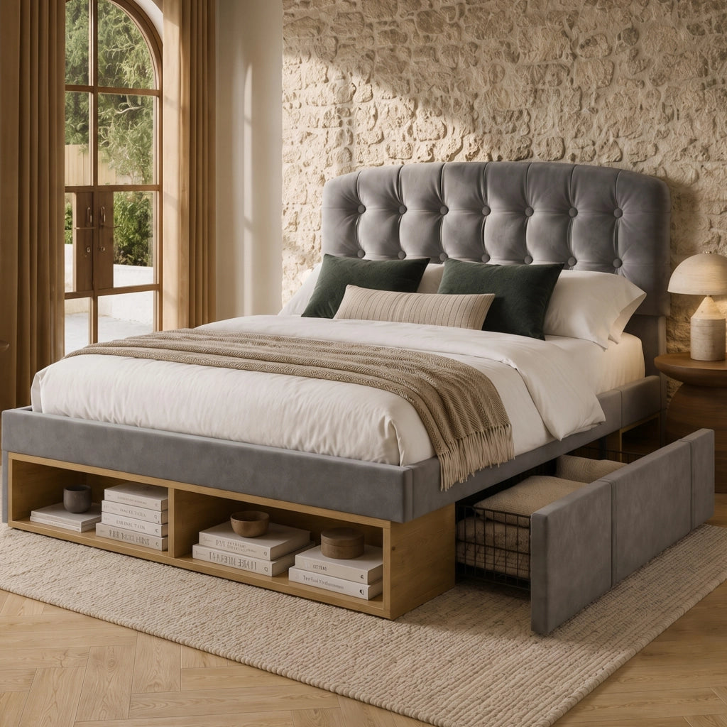 Letto matrimoniale imbottito 140x200 cm in velluto grigio con testiera regolabile, rete a doghe e cassetti contenitori