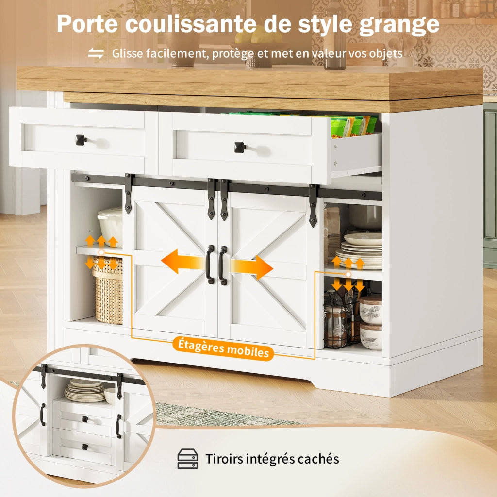 Tavolo allungabile con mobile laterale; pannelli girevoli a 360° e porta scorrevole in MDF bianco 120 × 40 × 72 cm