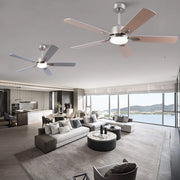 Ventilatore da soffitto con luce LED dimmerabile e telecomando; metallo e legno; color nichel