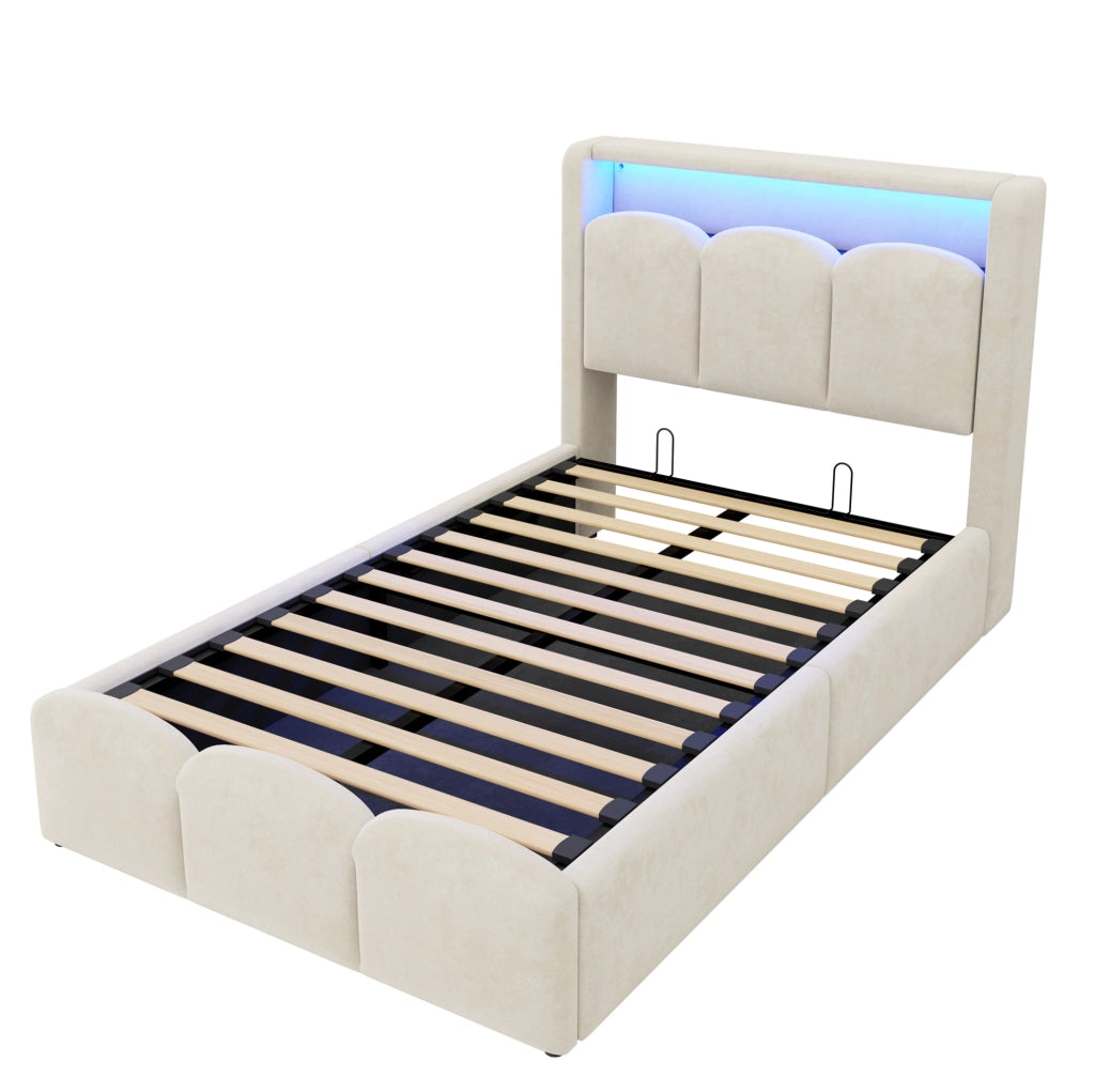 Letto singolo imbottito 90x200 cm con contenitore idraulico, rivestimento in velluto beige e illuminazione LED con USB e Type-C