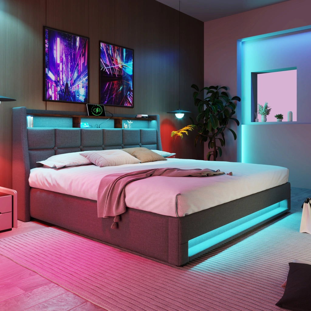 Letto imbottito 160 x 200 cm grigio con LED, USB e contenitore
