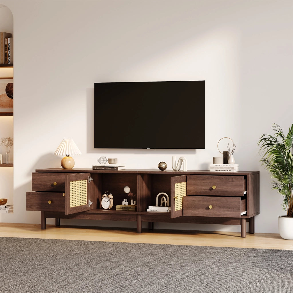 Mobile porta TV largo 180 cm marrone con ante in rattan