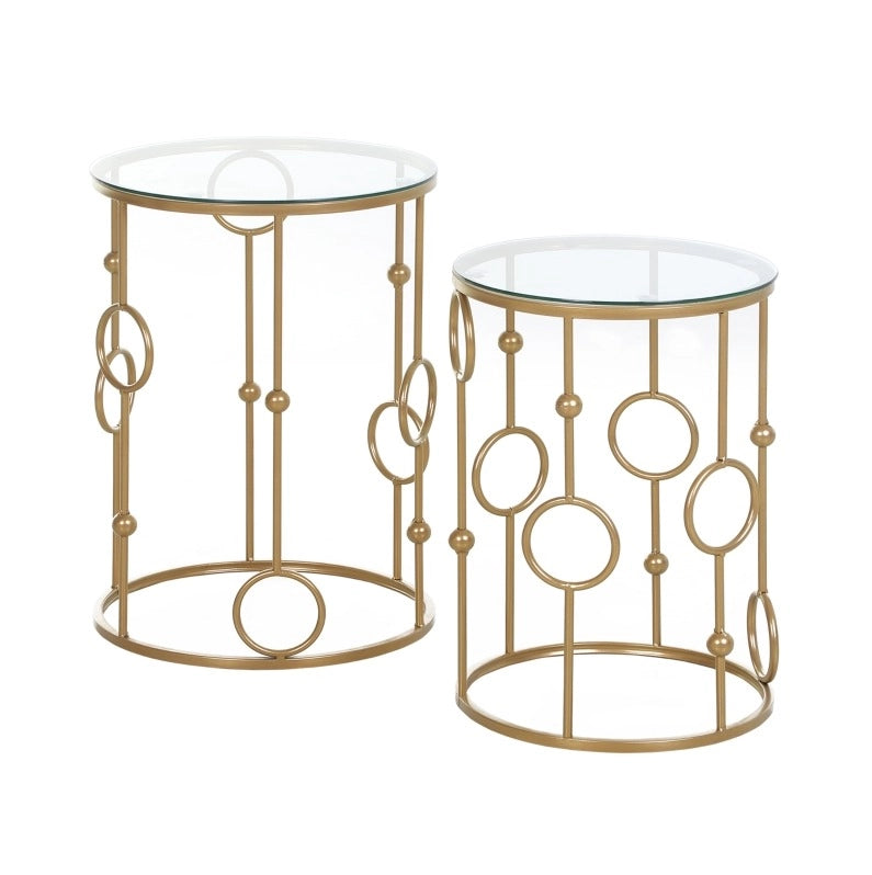Set di 2 Tavolini da Salotto con Piano in Vetro, Design a Cerchi e Sfere, Ø41 x 57 cm, Oro