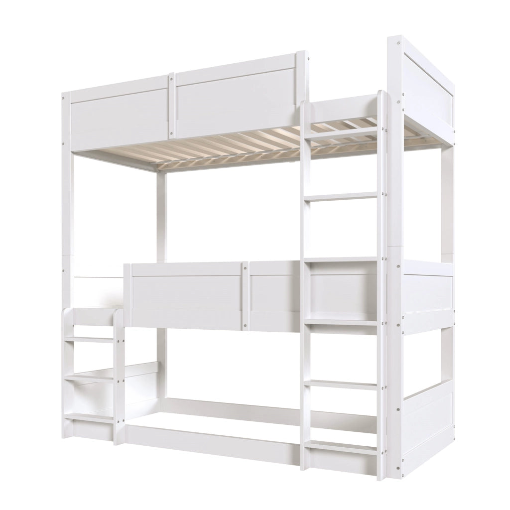Letto a tre livelli bianco in legno massello di pino 90×200 cm, trasformabile in letto singolo più castello basso