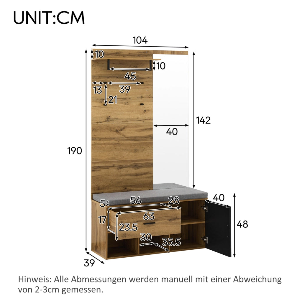 Set guardaroba 190 cm in effetto legno con specchio, panca imbottita 104 x 39 cm, armadietto scarpe, cassetto, mensola e appendiabiti