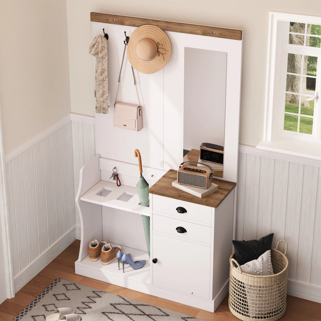 Set da ingresso con specchio; 2 cassetti; anta; ganci e portombrelli; truciolato; bianco; 110;5x38x191 cm