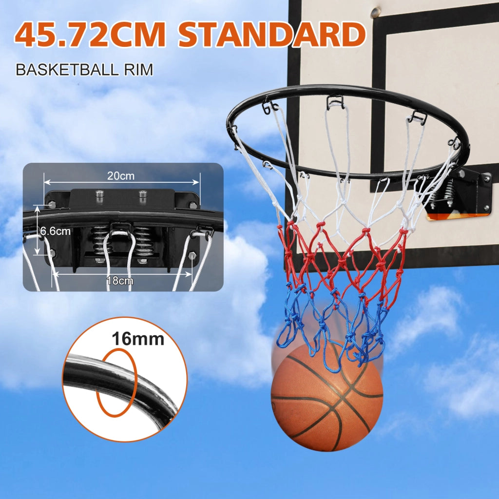 Canestro da Basket in Acciaio Nero 45,72 cm con Doppia Molla e Rete, per Installazione a Parete o a Terra, Uso Interno ed Esterno