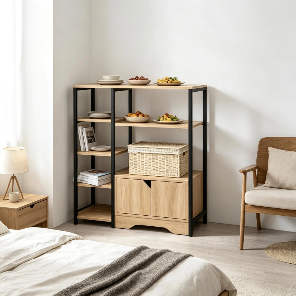Libreria con 4 ripiani; 2 ripiani laterali e cassetto in legno color rovere chiaro per soggiorno 80 × 35 × 97 cm