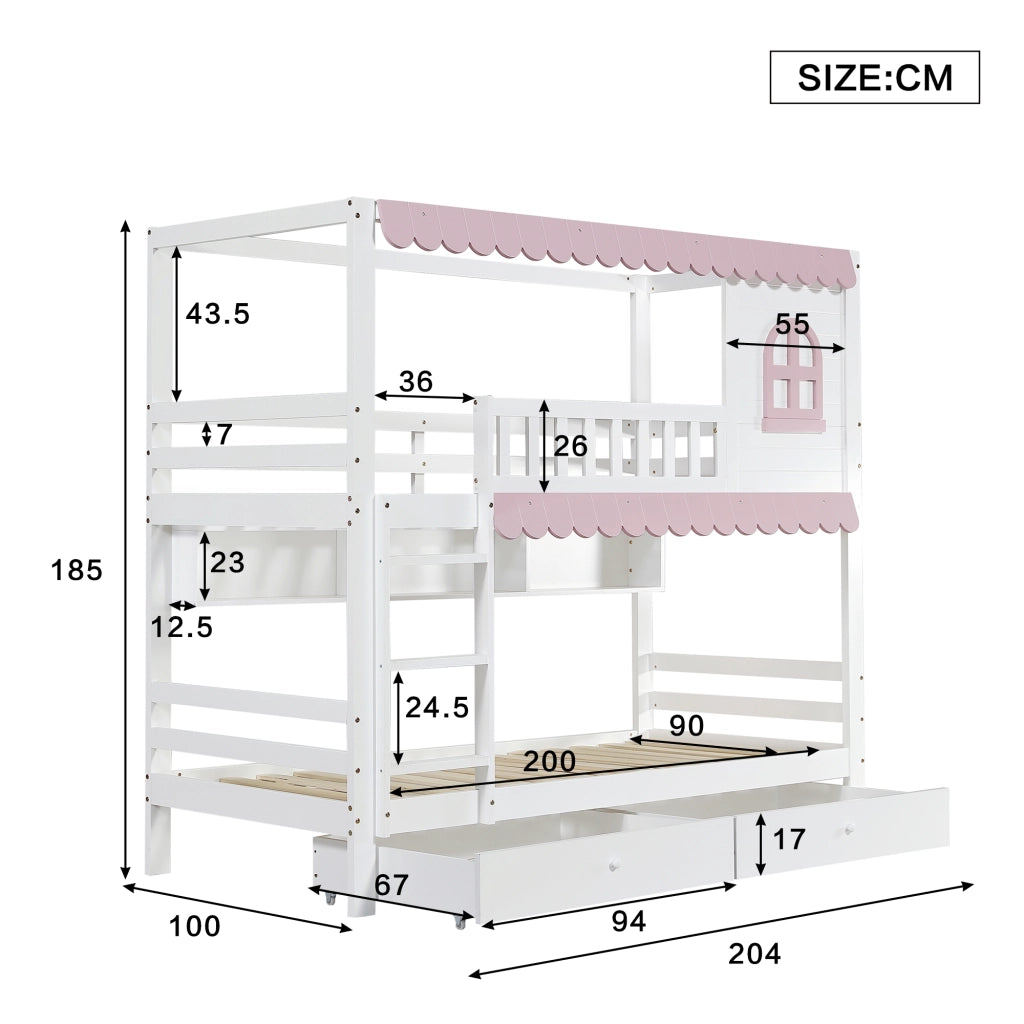 Letto a castello per bambini 90x200 cm con 2 cassetti; mensole; finestre e tende; pino MDF bianco rosa
