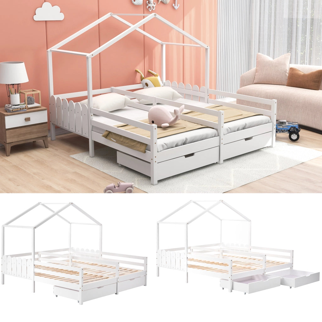 Letto casetta doppio 200×90 cm con 2 cassetti; sponda di sicurezza; senza materasso; bianco