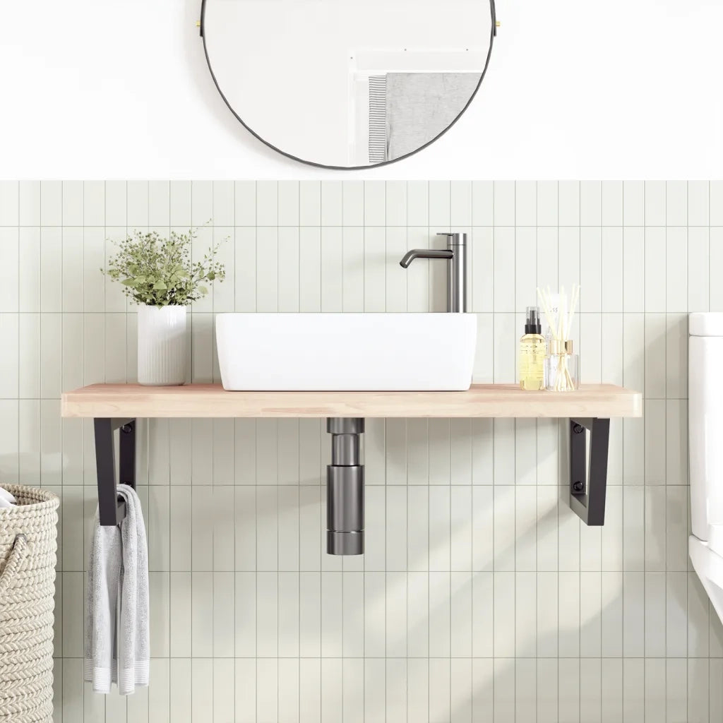 Ripiano a Parete per Lavabo in Acciaio e Massello di Faggio