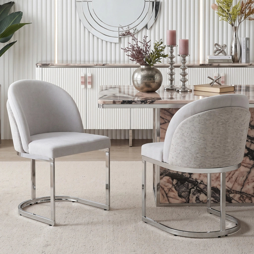 Set 2 sedie da pranzo in ciniglia grigio chiaro con gambe argento HOMVRA