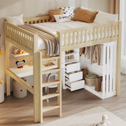 Letto a soppalco con scrivania, armadio e 3 cassetti, 140 x 200 cm, colore naturale