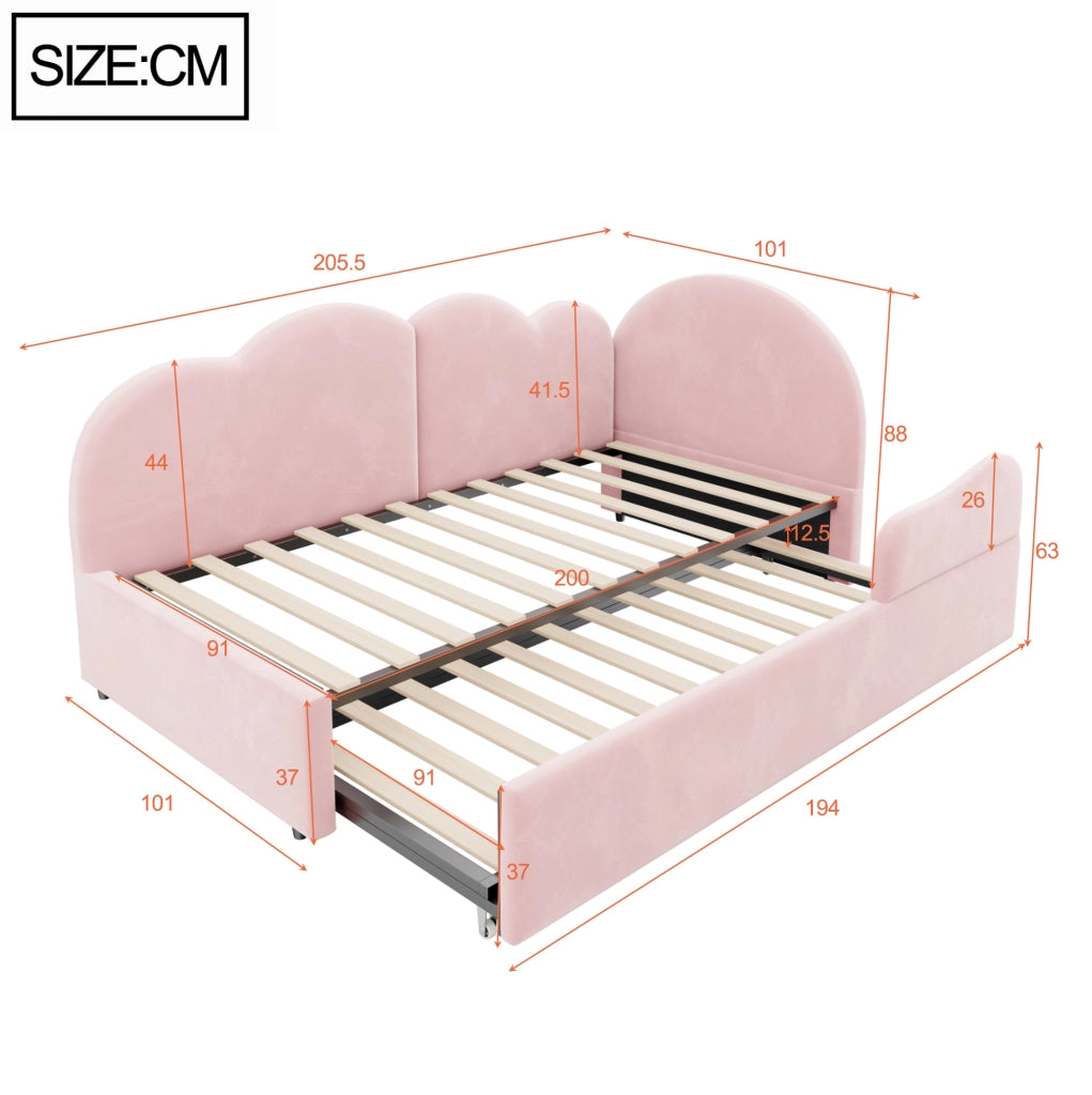 Divano letto a L imbottito rosa 90 x 200 cm con letto estraibile e testiera a nuvola