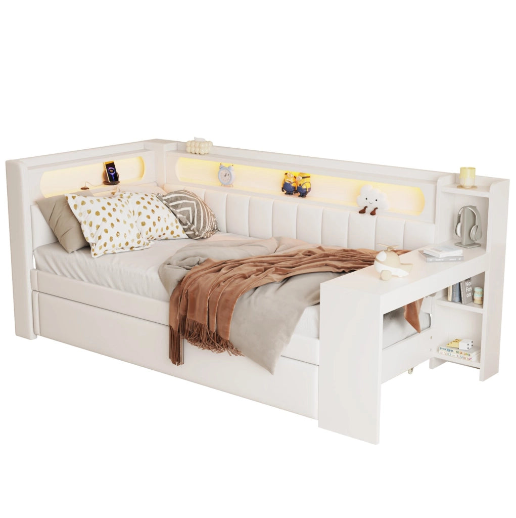 Letto singolo 90x200 con LED, USB, estraibile e scrivania