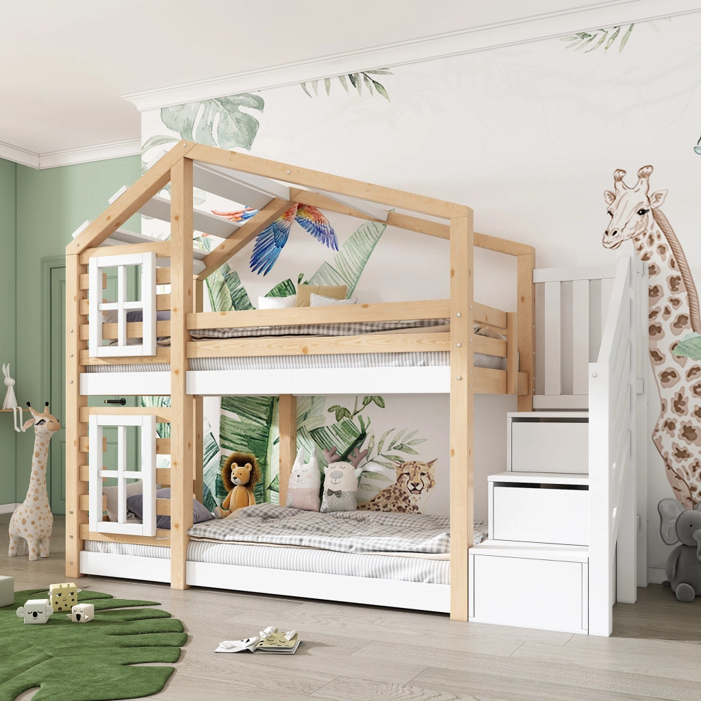 Letto a castello per bambini 90x200 cm a casetta con design ad albero; cassetti contenitore; legno massello e MDF; bianco e naturale