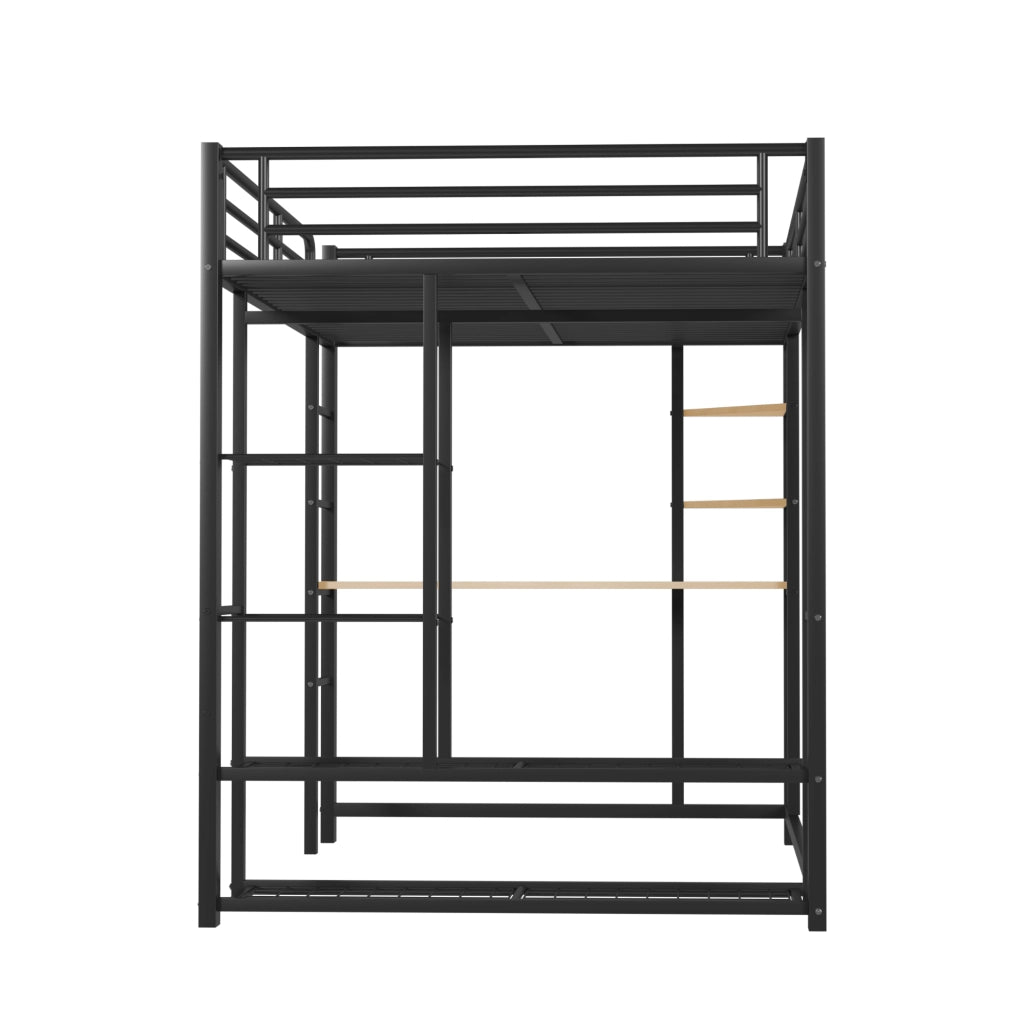 Letto a soppalco 140 × 200 cm con scrivania; guardaroba laterale e ripiani in metallo nero