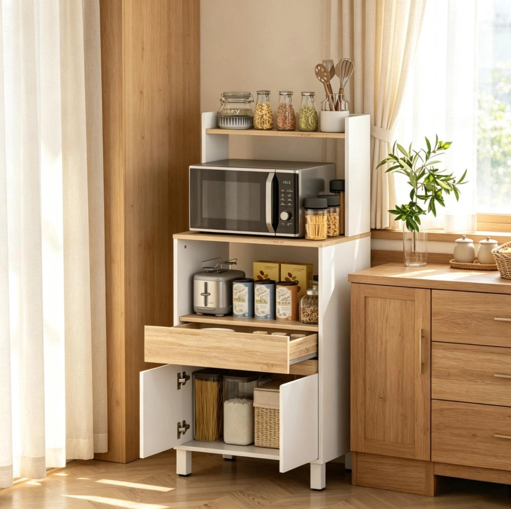 Mobiletto con ripiani e vano microonde in truciolato bianco e rovere, 60x40x131 cm
